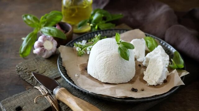 Fresh italian cheese presentation with basil and olive oil on rustic table setting