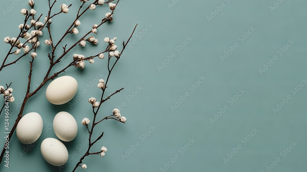 Poster a collection of white eggs perched on the tip of a twig, adjacent to a batch on a blue background