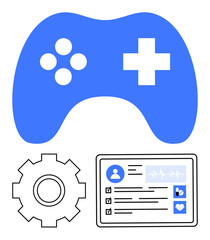 Fototapeta premium Gaming controller, gear, and electronic dashboard with user data. Ideal for gaming, technology, progress tracking, health monitoring, education apps entertainment. Abstract line flat metaphor