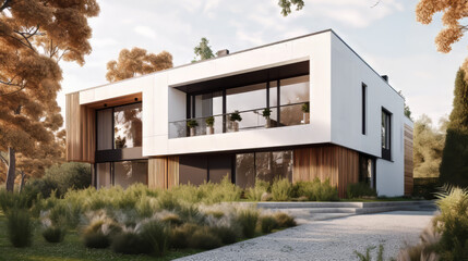  modern home with a green roof, white walls, and large windows