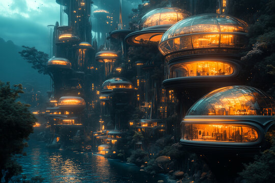 Futuristic vertical city with glowing dome structures nestled in nature by a tranquil river. Concept of sci-fi living, advanced architecture, and sustainable utopias.