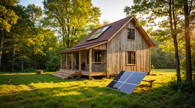 Small off-grid cabin in the forest with solar panels, surrounded by lush greenery, emphasizing energy independence and nature