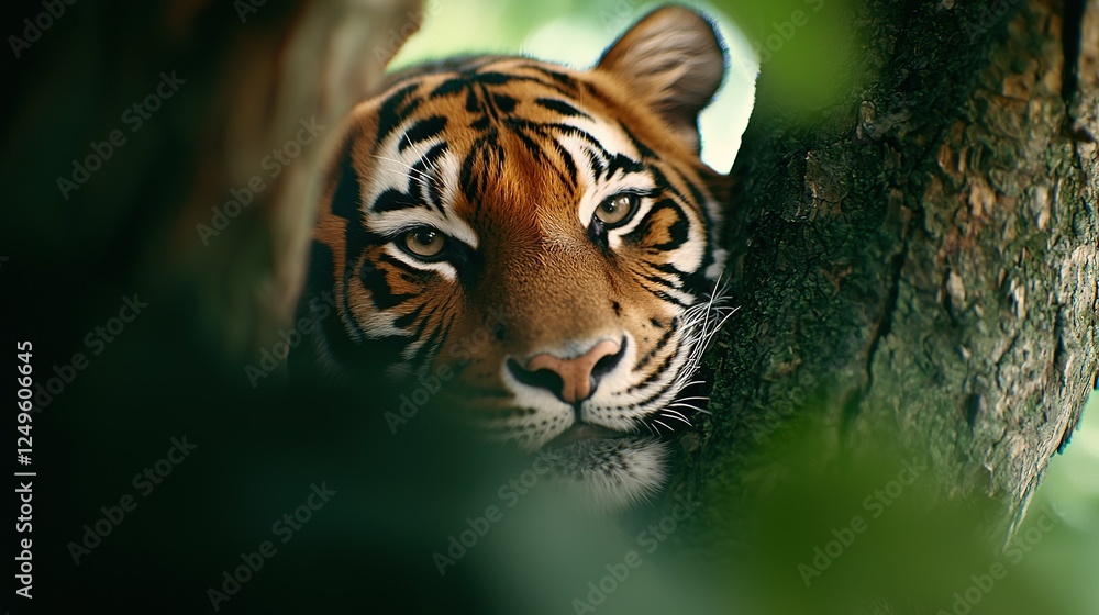 Poster a clearer image of a tiger in a tree, focusing on its eyes and face, for a better view