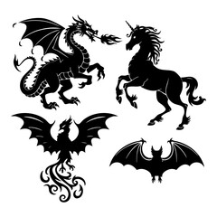 Mythical Creatures Silhouette Set – Dragon, Unicorn, Phoenix, and Bat