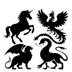 Fantasy Creatures Silhouette Set – Unicorn, Dragon, Griffin, and Phoenix