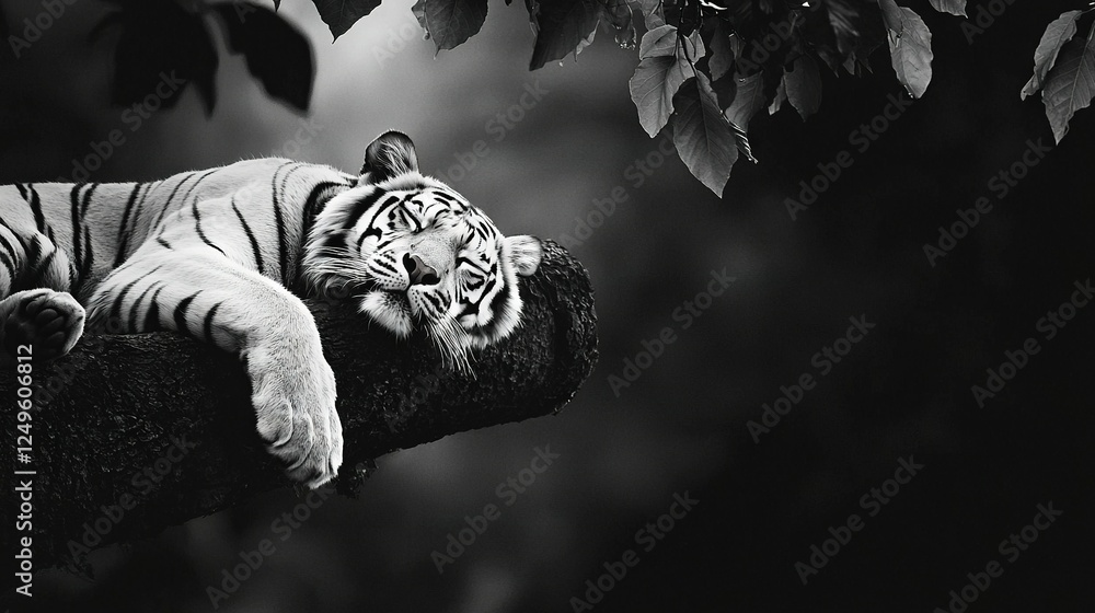 Poster a monochrome picture of a tiger reposing on a tree limb with its head resting on another branch