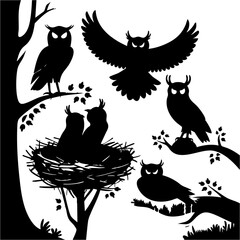 Owl Family Silhouette Set – Perched, Nesting, and Flying