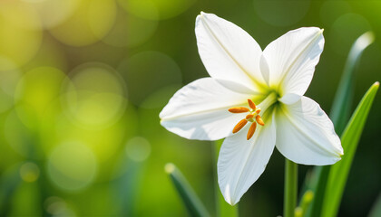 Close-up of a white Easter lily in full bloom with detailed petals and golden stamens on a blurred green background, highlighting the purity and elegance of spring
