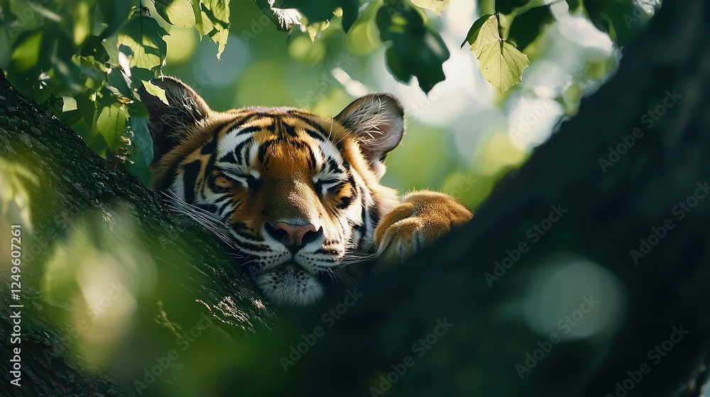 Poster a zoomed-in photo of a tiger perched on a leafy tree branch with its head resting