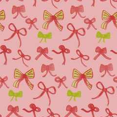 Pink Green Ribbon Bow Pattern, Hand-Drawn Seamless Design