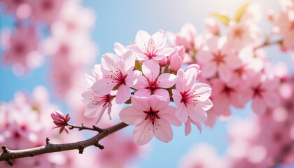 Close-up of blooming pink cherry blossoms on a branch, with delicate petals and fine details