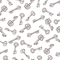 Seamless pattern with vintage keys. Retro background, black and white monochrome illustration.