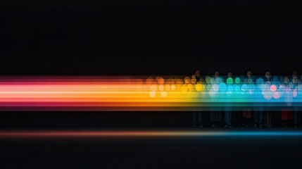   A group of people stand together in front of a black backdrop with a colorful line of light