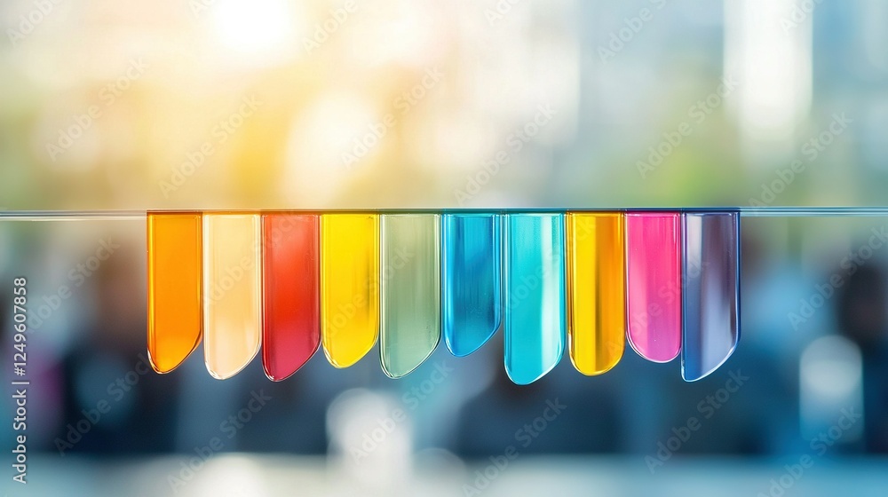 Poster colored flasks dangling from a line before a fuzzy building backdrop