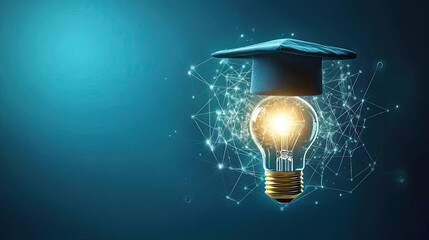 Light bulb and bachelor cap on blue background showcasing futuristic smart education