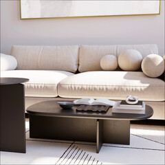 3D rendering of a living room design with a sofa and coffee tables. Interior design.