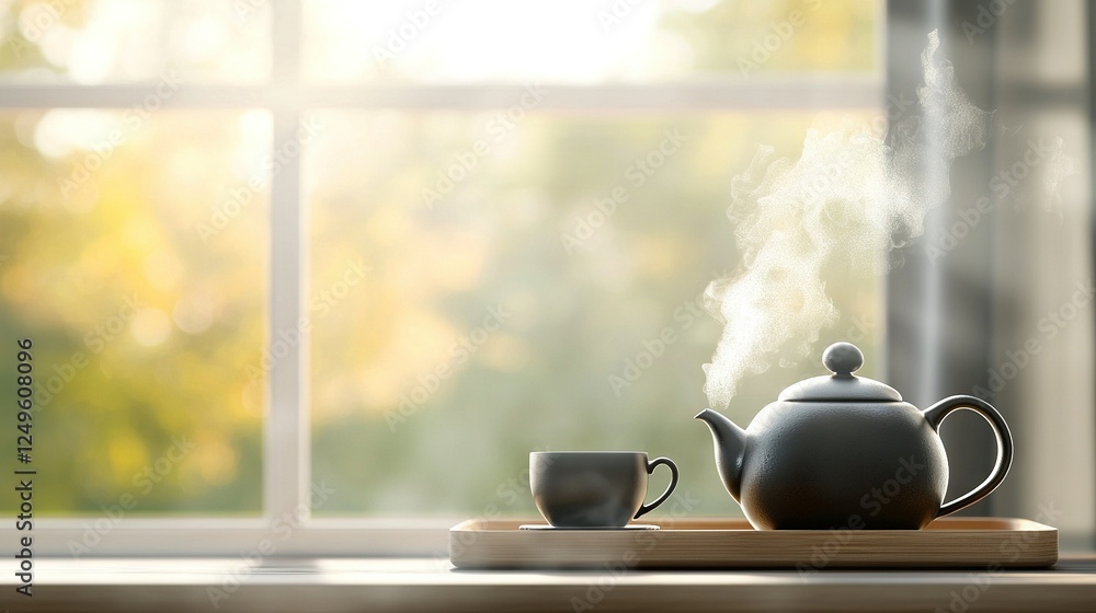 Poster a teapot with two cups sits on a table facing the window