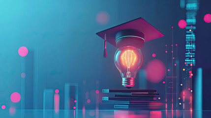 Light bulb and bachelor cap on blue background showcasing futuristic smart education