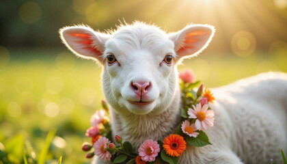 Fototapeta premium Close-up of a lamb with a delicate floral wreath around its neck, with vibrant flowers contrasting against its soft white wool