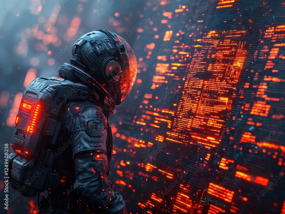 Poster astronaut observing glowing data in a futuristic, digital environment.
