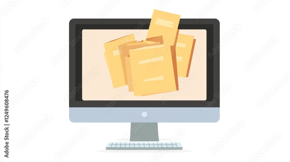 Poster computer screen displaying documents, documents on screen, digital files, office scene, possible use