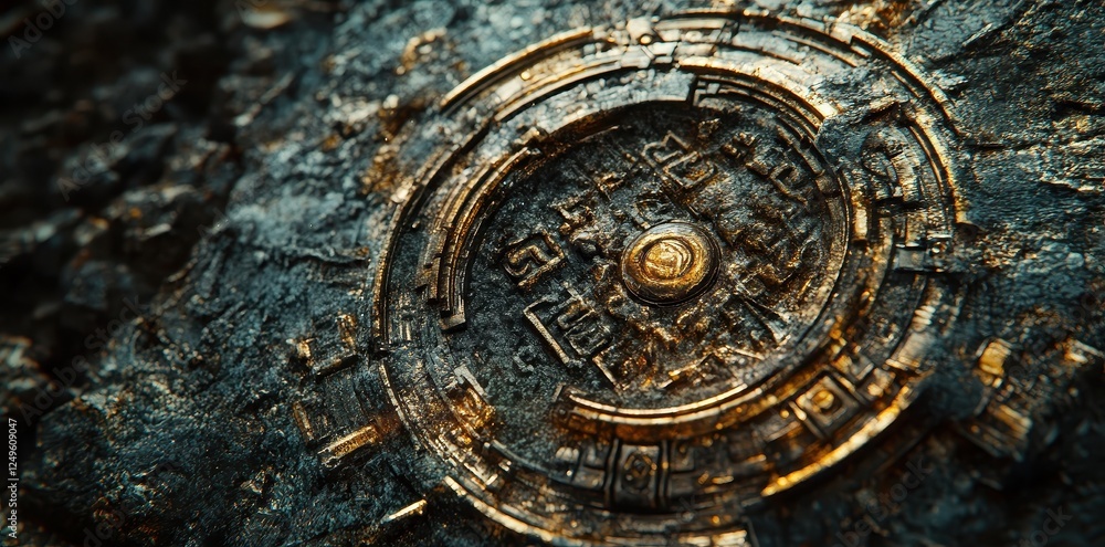 Poster ancient metallic artifact partially embedded in stone with glyphs