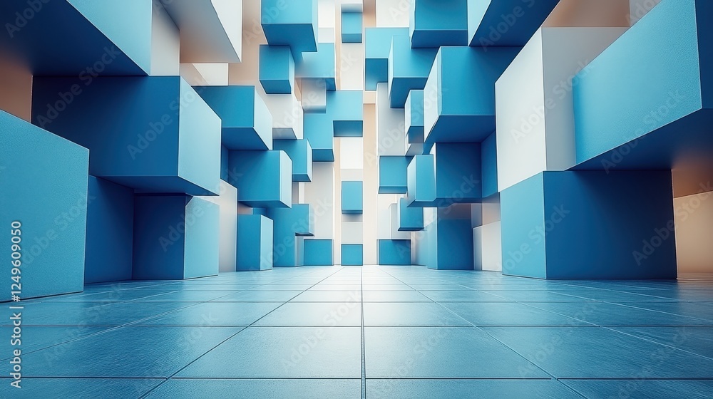 Poster Blue cube abstract hallway; light at end; tiled floor; modern architecture; design