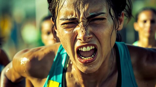 Athletes display fierce determination as they sprint towards the finish line under bright sunlight, showcasing their hard work and dedication during marathon