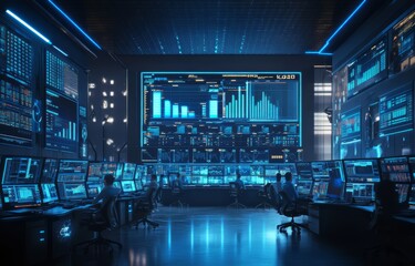 Futuristic control room, analysts working, data displays, city skyline view