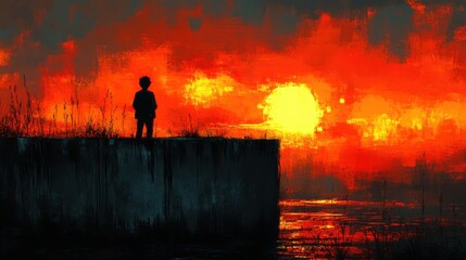 Fototapeta premium Silhouette of a child standing on a ledge at sunset, gazing at the vibrant horizon over water