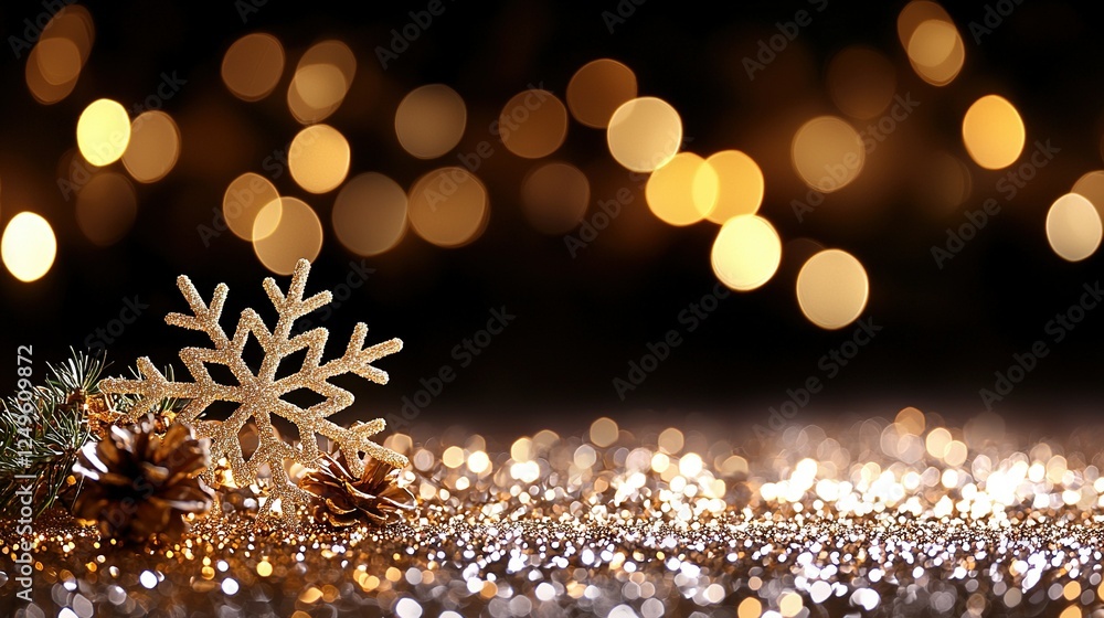 Poster a snowflake sits on a table, next to a pinecone pile and a single pine cone