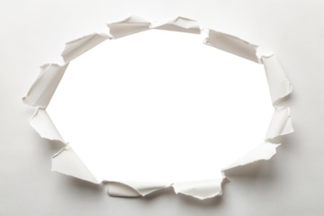 Hole in paper, torn white paper in the middle. Cut out on a transparent background. PNG