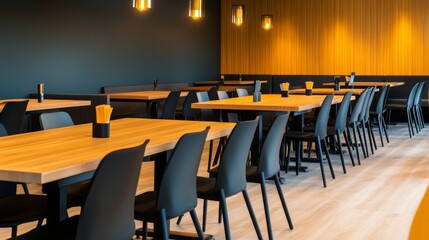 Modern dining area featuring wooden table and black chair, illuminated by stylish pendant light