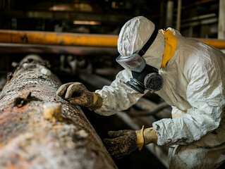 Asbestos removal: Professional Safely Removing Asbestos Insulation from Industrial Pipes, Dangerous work causes asbestos lungs.
