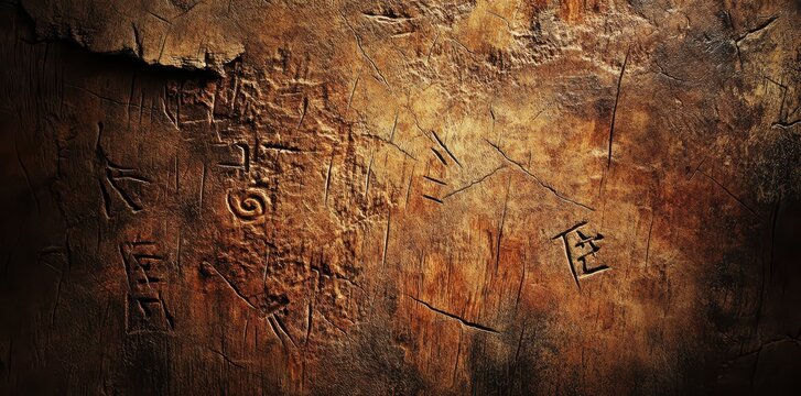 Ancient wooden surface contains cryptic symbols carvings and weathered cracks