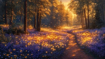 Fototapeta premium Sunlit path through magical forest; glowing flowers, sunrise background; nature fantasy