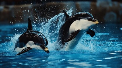 Obraz premium Dolphins leaping, aquatic show, splashing water, night