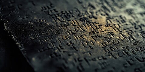 Ancient inscriptions etched onto weathered stone with dramatic lighting