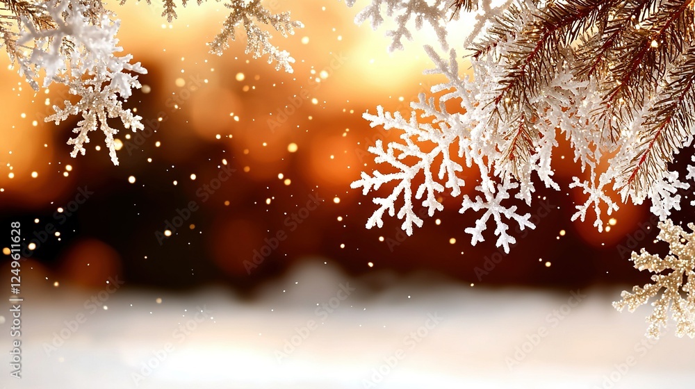 Poster clear image of snowflakes dangling on a pine tree against a clear background