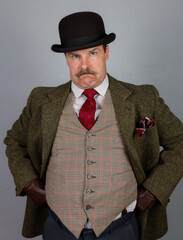 Englishman in Tweed Suit and Bowler Hat With Hands on Hips in Grumpy Manner. Vintage Detective or Gangster Crime Boss.