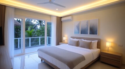 Modern bedroom with large windows showcasing tropical greenery, perfect for relaxation and travel
