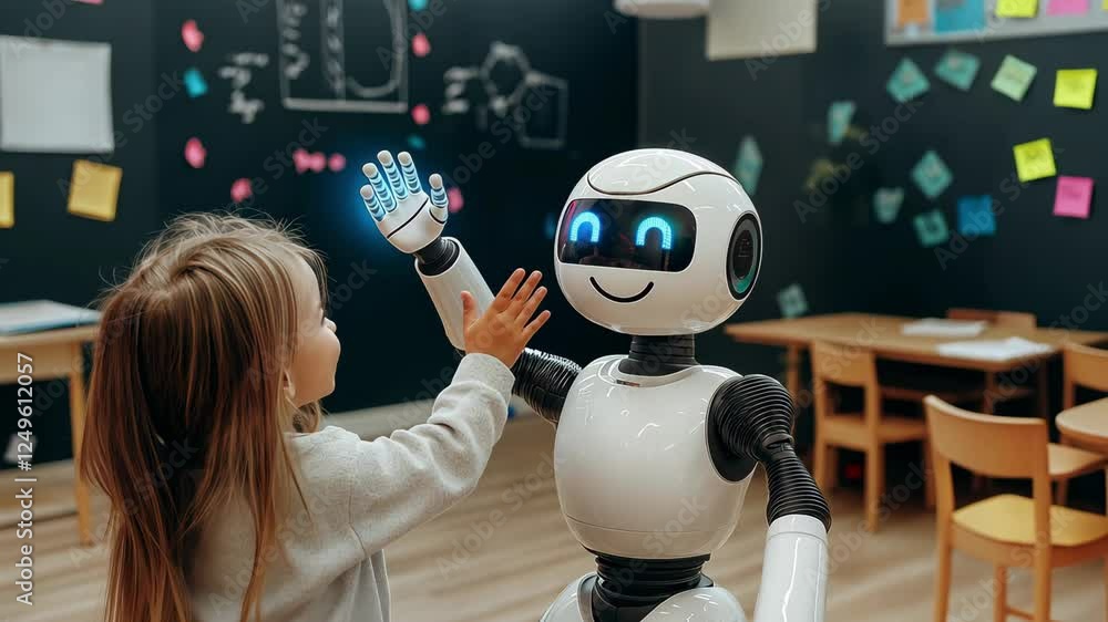 Poster a little child girl happily interacts with a friendly robot teacher in a colorful classroom designed
