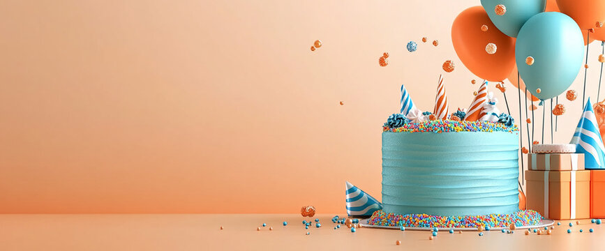 A vibrant birthday celebration with a blue cake topped with colorful sprinkles, balloons, party hats, and gift boxes, all in bright orange and blue tones symbolizing joy and festivity.