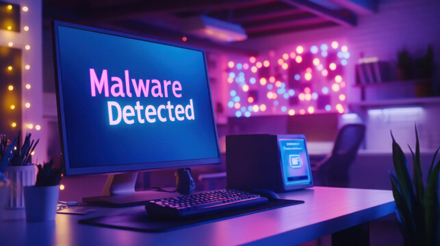 Cybersecurity alert: malware detected on desktop computer in modern office