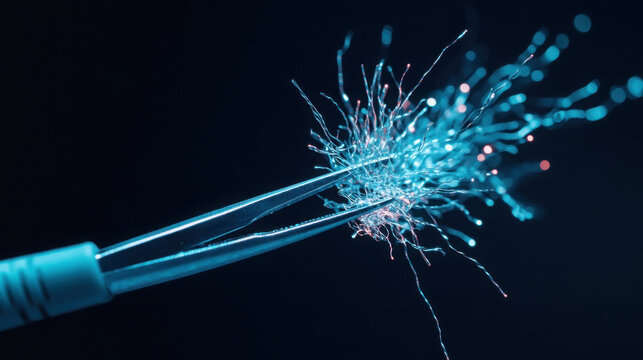 Close up of network cable with glowing fibers representing viruses and cybersecurity threats - Powered by Adobe