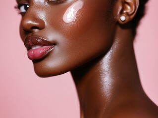 closeup of black woman face with moisturizer in pink, against a pink background, smooth and healthy skin, no makeup, skincare routine