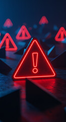 Red Alert: Neon Exclamation Mark Warning Signs in Cyberpunk Style, Danger Ahead! High-Tech Security Visual
