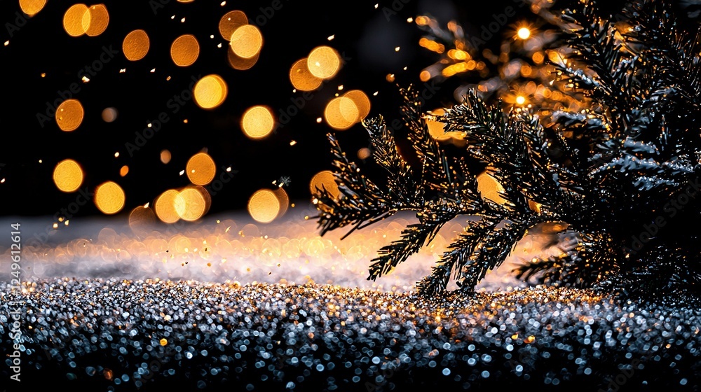 Poster a picture of a snow-covered pine tree, illuminated by multiple background lights