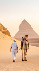 Elderly man guiding camel through desert near pyramid at sunrise