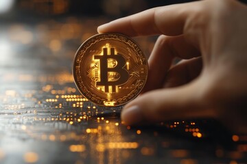 Hand gripping glowing bitcoin cryptocurrency coin hovering over electronic circuit board, symbolizing digital investment, blockchain mining, emerging financial technology